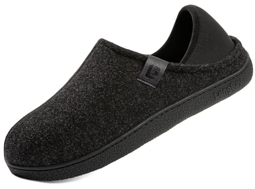 LongBay Men's Wool Felt Slippers Convertible House Shoes with Removable Insole Non-Slip Indoor Outdoor Black, 10/UK