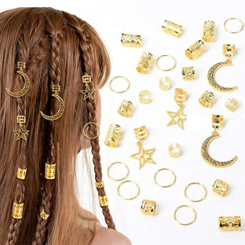 Aribliseza Dreadlocks Schmuck, 45 Stück Gold Haarschmuck/Ringe/Perlen, Seashell Loc Jewelry, Barocke Sonne/Starfish Cuffs