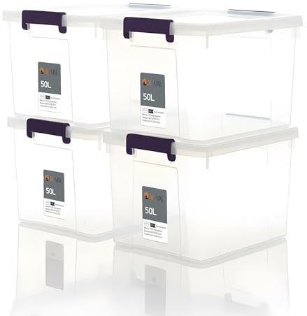 AL AJAL Plastic Storage Containers | Storage Boxes with Lids, Stackable Organizer Boxes with Handles for Clothes, Toys, Office (Pack of 4) (50L (PACK OF 4)