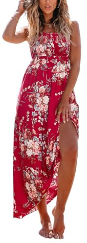 CUPSHE, Maxi robe d'été pour femme avec motif floral et point smock sans manches froncées à bretelles fines robe de plage élégante, Motif floral rouge, S