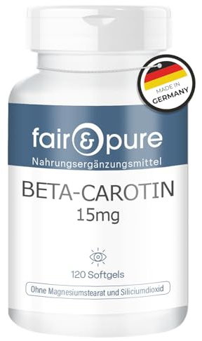Fair & Pure Beta-Carotène Softgels 15mg, 120 pièces, complément alimentaire sans additifs, fabriqué en Allemagne