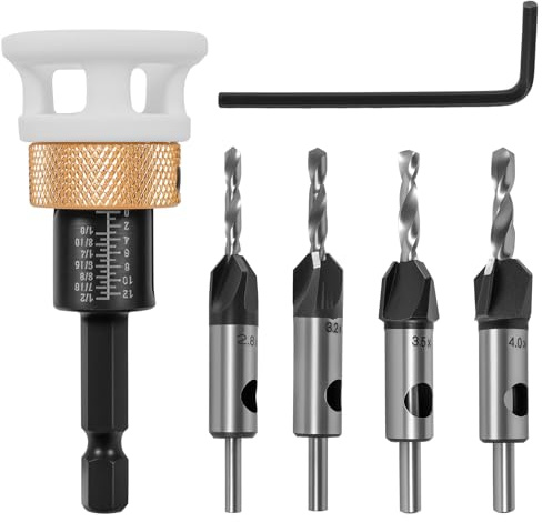6 PCS Countersink Drill Bit Set with Depth Stop, Countersink Wood Drill Bit with 1/4 Inch Hex Shank, 4/3.5/3.2/2.8mm Drills+8/10mm 82° Counter-Bore,Precise Drills for Woodworking