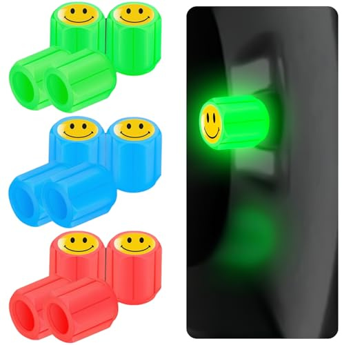 BAUCH Leuchtende Ventilkappen, 12er Set, Smiley-Design, fluoreszierend & wetterfest – universell für Auto, Fahrrad, Motorrad, ABS-Material, doppelt abdichtend