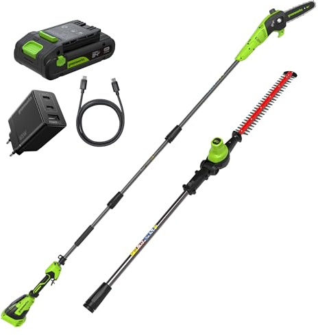 Greenworks Cortasetos + Sierra telescópica 2-en-1 24V con batería 4,0Ah & Cargador USB-C 65W, Motor brushless, Hoja 51 cm, Sierra 20 cm, Cabeza giratoria 112,5°, pértiga 3 Piezas CKPH321A2
