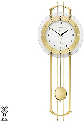 AMS 5257 Wanduhr Funk Funkwanduhr mit Pendel golden modern Pendeluhr mit Glas