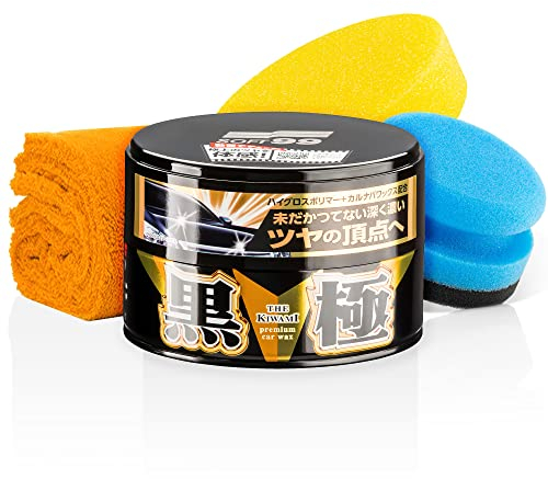 detailmate Wachs Set: Soft99 Extreme Gloss Wax The Kiwami Dark, Carnauba Autowachs Lackversiegelung mit Schwamm, 200g, Mikrofaser Poliertuch 550 GSM, Handpolierschwamm