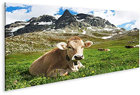 islandburner Cuadro en Lienzo Vaca lechera con Pasto en Suiza Montañas Alpinas Pasto de Hierba Verde sobre el Cielo Azul Cuadros Modernos Decoracion Impresión Salon
