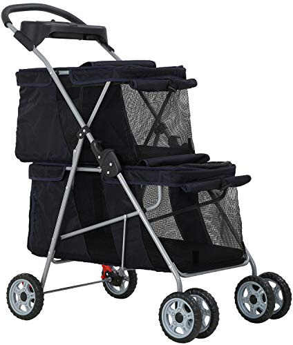 Dog Stroller Cat Pet Carriers for Small Medium Dogs Cats Travel Camping 4 Wheels Lightweight Folding Crate Stroller with Soft Pad (Black)