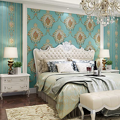 Self-adhesive Non-woven Wallpaper Simple European Style 3D Embossed Damask AB Version Wallpaper Living Room Bedroom Bedside TV Background Wall 20.87Wx236.22L Peel And Stick (Sapphire blue A)