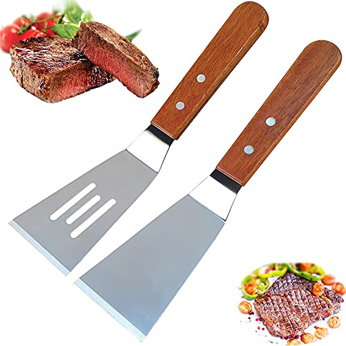 2 Stück Pfannenwender Schaber, Edelstahl-Spatel, Grill Spatel, BBQ Griddle Spatel, Bratenwender, Hitzebeständig Antihaft Kochspatel Grillschaber mit Holzgriff für Bäckerei, Flat Top, Restaurant