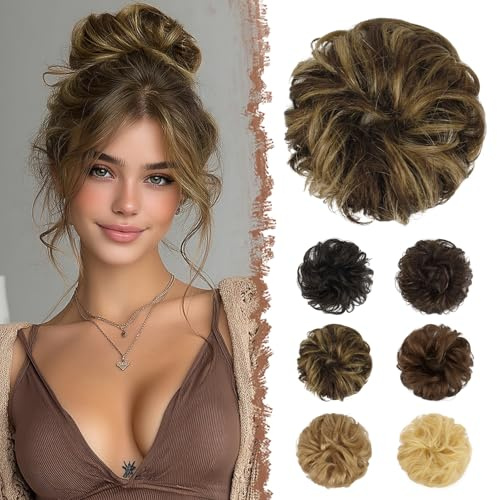 FESHFEN 100% Echthaar Haarteile Dutt Haargummi - Haarteil Gummiband mit Haaren Wellig Bun Extensions Haarknoten Pferdeschwanz Haarverlängerungen Hochsteckfrisuren für Damen, Braun & Blond