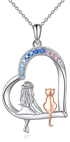 YAFEINI Kattkedja flicka hänge katt halsband 925 sterlingsilver smycken gåvor för kvinnor flickor dotter, Sterlingsilver, Abalone