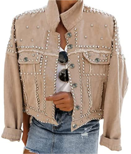Omoone Damen-Jeansjacke, langärmelig, Nieten, leger, gewaschene Perlen, kurzer Jeansmantel, Khaki, S