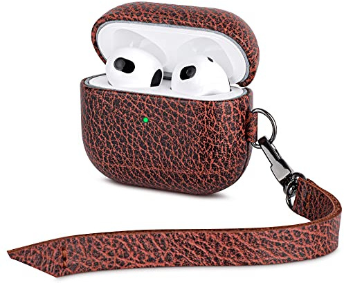 Haobobro [Bicolour Series] AirPods 3 Hülle mit Trageband und Karabiner - Echtes Leder Hülle für AirPods 3. Generation - AirPods Schutzhülle Lederhülle - AirPods Ledercase - Braun Schwarz Leather Case