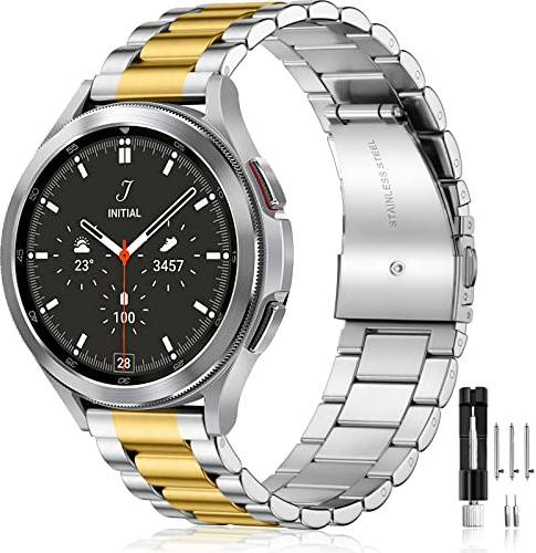 Mastten Uhrenarmband Kompatibel mit Samsung Galaxy Watch 6 5 4 armband 44mm 40mm/Watch 6/4 Classic 43mm 47mm 42mm 46mm/Watch 5 Pro 45mm, 20mm Edelstahl Metall Armband für Galaxy Watch, Gold/Silber