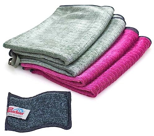Pastaclean® Maxi Geschirrtücher 4 Stück 50x70cm (Silbergrau/Beere), Premium Küchenhandtücher - Trockenhandtücher, Inkl. 1x Spülschwamm