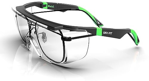 DEX FIT Lunettes de sécurité SG210 OTG; s'adaptent à vos lunettes, protection des yeux Z87, résistantes à la buée et aux rayures, réglables pour homme et femme, protection UV (monture noire et verte