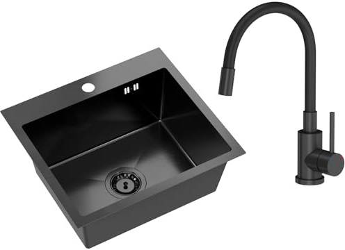 VBChome Fregadero de acero inoxidable con grifo, 50 x 45 cm, color negro, acero inoxidable, con orificio para grifo, fregadero grande, desagüe de acero inoxidable, color negro mate con caño flexible
