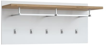 Lomadox Garderobenpaneel Wandgarderobe mit Kleiderstange, 5 Haken, in weiß mit Eiche