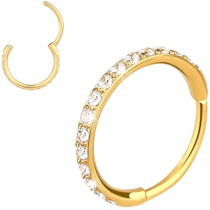 Lusofie 18K Nose Ring Hoop with Zirconia Hinged Nose Rings Surgical Steel Nose Piercings Septum Rings Fake Nose Ring Hoop Nose Rings for Women Man (Gold)