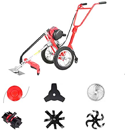 Tondeuse à gazon à essence, petite tondeuse à gazon à moteur 4 temps avec 4 lames de tonte + lame de fossé + roue de désherbage + scarificateur Tondeuse à gazon multifonctionnelle à poussée manuelle