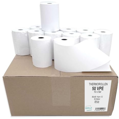 50 x Thermorollen 80 mm x 50 m x 12 mm Kern, Ø 59 mm | BPA-frei & FSC-Mix zertifiziert | Kassenrollen für Epson, Bixolon, Star, Citizen, Orderman u.v.m. | Thermopapier Made in Germany