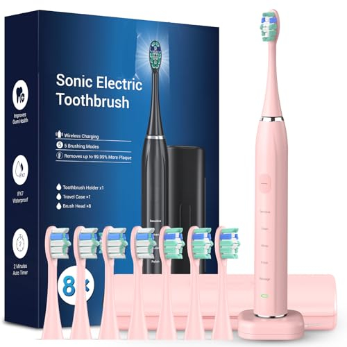 COULAX Spazzolino elettrico sonico da viaggio, spazzolino elettrico sonico, ricarica wireless, spazzolino elettrico con 8 testine (rosa)