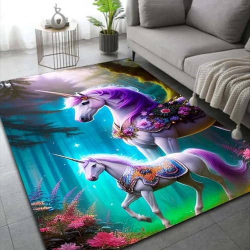 Teppich Kinderteppich Wohnzimmerteppich Schlafzimmerteppich 3D-Gedruckter Superweicher Flanellteppich Cartoon-Einhorn-Tierpferd 140 X 200 cm Schlafzimmer Kinderzimmer Spielmatte Flanell Memo -1E3P+E2