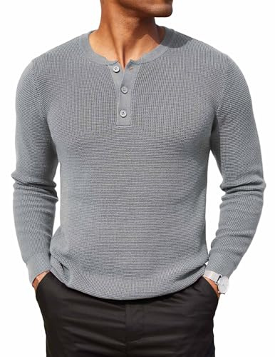 COOFANDY Maglione Henley da Uomo, Maglione a Maglia Invernale con Bottoni, Maglione a Maglia Grossa, Maglione a Righe, grigio chiaro, M