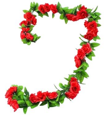 Kellegour Rosengirlande Rot,2 Stück Hängende Pflanze Rosen Girlanden,2.3m Rosen Blumenrebe,Künstliche Blumen Girlande,9 Blumen Künstliche Girlande,für Blumenwand Deko Hochzeit Garten ZäUne Party