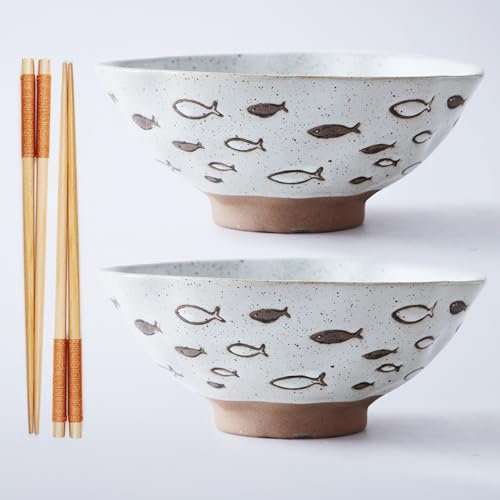 Gökotta 2 Set Large Handmade Japanese Style Ramen Bowl | Chopsticks Ceramic Noodles Pho Fish Print | Japan 20cm 8 2pcs Tableware Dinner Set