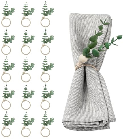 Eucalyptus Napkin Rings, 15 Pcs Farmhouse Napkin Rings Table Decor，Rustic Green Leaf Napkin Ring Holder for Wedding Family Dinner Party Christmas Thanksgiving Day