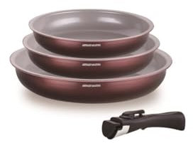 Arthur Martin - Set de 3 poêles 20-24-28 cm + 1 poignée - Aluminium - revêtementcéramique - poignée amovible - Tous feux dont induction