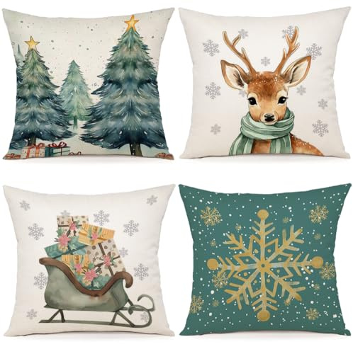 YCOLL Kissenbezug Weihnachten 50x50 4er Set Weihnachtsdeko innen Kissenbezüge Weihnachtskissen Kissenhülle für Deko Weihnachten Sofa Schlafzimmer Couch Dekokissen 50x50 cm