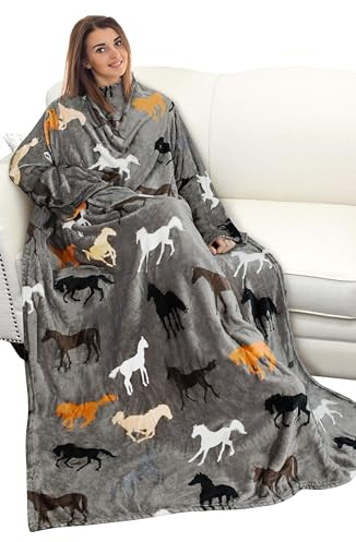 Catalonia Taupe Horse Wearable Blanket with Sleeves and Pocket, Soft Comfy Fleece Snuggy Wrap Throws Blanket Robe for Women and Men