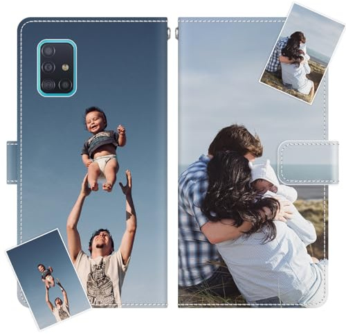 JGOYGYI Personalisierte Leder Handyhülle kompatibel mit Samsung Galaxy A51 4G,Individuelle Eigenem Foto Bild Text Bildern Foldable Flip Klapphüllen Case hülle+Handykette