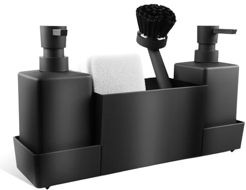 Diskho-organiserare, köksorganisatör, diskbänksset tillverkad av plast med tvättmedelsdispenser, borste och tvättsvamp, diskbänksorganiserare med tvåldispenser svampborste, svart