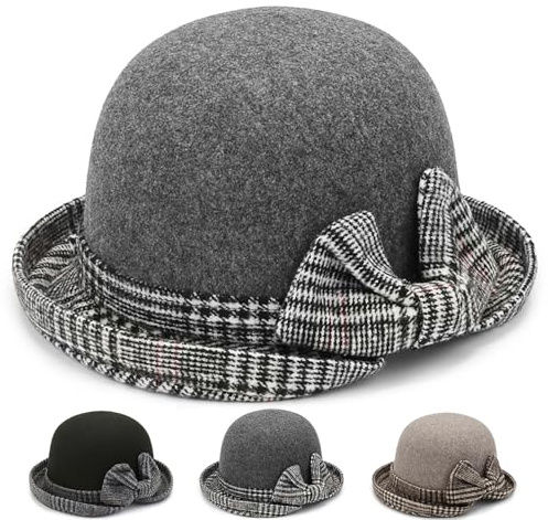 Initlove Felt Cloche Bucket Hat Vintage Winter Fedora Hat Bowler Hats for Women Grey