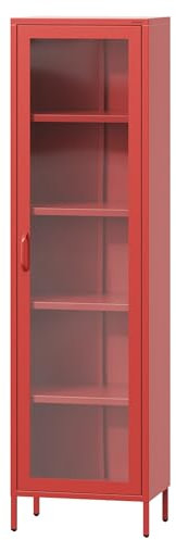 Jan Nowak 1-türiger Vitrinenschrank - Luigi | 50 x 180 x 35 cm | 4 Verstellbare Ablagen, Gehärtetes Glas, Wandmontage | Glasvitrine Stehend, Vitrine Glas, Wohmzimmerschrank Glitzernd | Rot