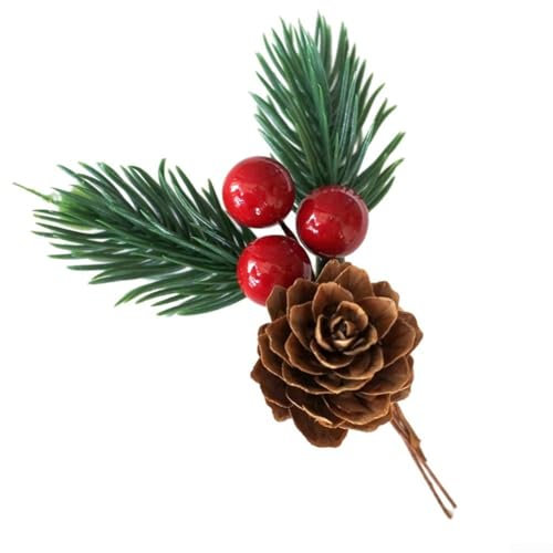Entgoinggo Künstliche Weihnachts-Kiefernadeln mit roten Beeren, 10 Stück, Weihnachts-Tannenzapfen, Beerenstiele, für Weihnachtskranz, Basteln, Weihnachtsbaum-Blume, Tischdekoration
