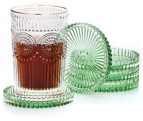 JUXYES Paquete de 5 posavasos redondos de vidrio, posavasos de vidrio transparente para bebidas, café, té, vino, posavasos decorativos para botellas de vino, posavasos de cristal para restaurante,