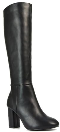 ESSEX GLAM Women's Heeled Boots Ladies Black Synthetic Leather Knee High Block Mid Classic Booties Size 4