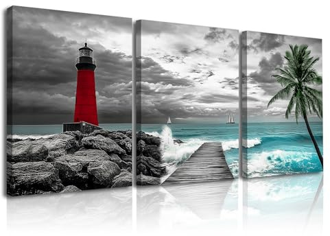 Piy Painting Cuadro En Lienzo Faro Rojo, Lienzo De Paisaje, Impresión En Lienzo Seaside, Pósteres De Arte Moderno Para Salón Despacho Entrada Vestíbulo Cafetería, 3 Piezas 30x40cm/90x40 cm