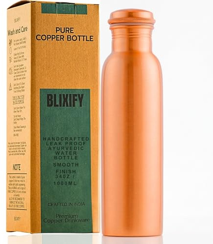 BLIXIFY Copper Water Bottle (34oz/1000ml) Handcrafted Ayurvedic 100% Pure Copper Water Bottle for Drinking | Heavy Duty, Leak-proof & Lab-Tested | Perfect for Everyday Use, Gifting, Travel (Plain)