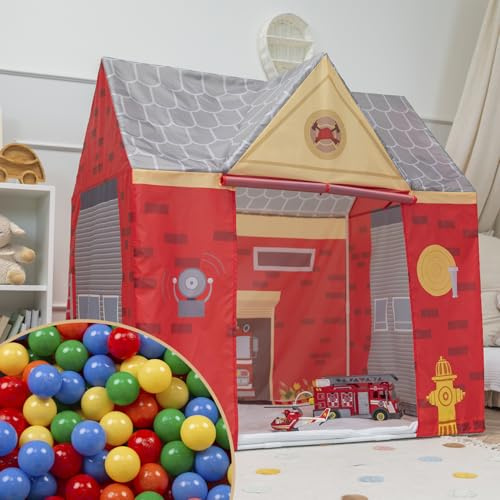 Selonis Playhouse Play Tent For Kids With 200 Balls Fire Station Durable And Creative Adventure Space Realistic Fire Truck Details Easy Assembly For Indoor And Outdoor