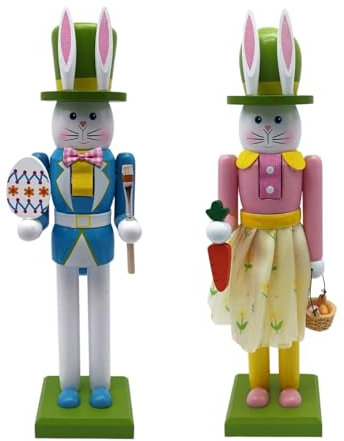 Surakey Easter Bunny Wooden Nutcracker Decor, 12 Wooden Nutcracker Decorations, Easter Nutcracker Figure, Collects Nutcracker Ornament for Spring Festival Party Nutcracker Gifts, Blue Pink