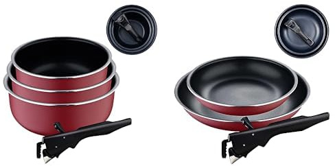 BERGNER Click&Cook Lot de 7 poêles et casseroles | Poignées amovibles | Revêtement antiadhésif | Compatible induction | En rouge