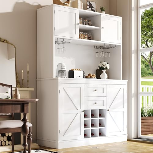 Lexiou Küchenschrank mit verstellbaren Ablagen & Weinregal, Hochschrank Küchenbuffet mit 4 Türen & 2 Schubladen, Sideboard für Küche & Wohnzimmer, Buffetschrank (Weiß)
