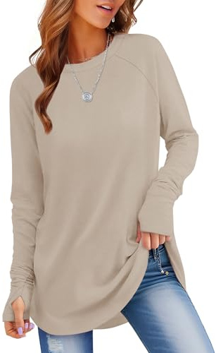 Rapbin långärmad tröja damer rund hals pullover sweatshirt ledig blus tunika långärmad topp elegant t-shirt topp med tumhål, kaki, XL