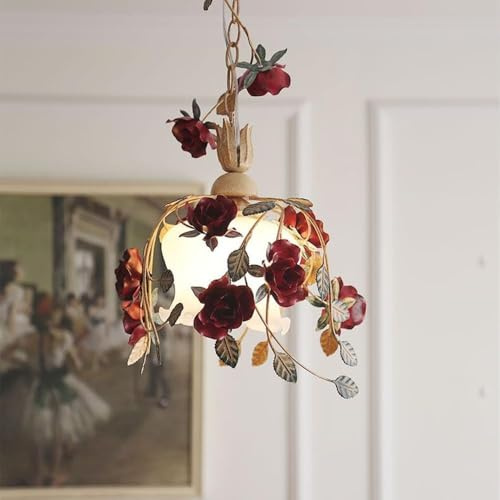 YMYLL French Flower Chandelier Milk Glass Red Rose Pendant Light Nordic Modern Ceiling Lamp for Kitchen Island Dining Room Bedroom 11.8 Inch